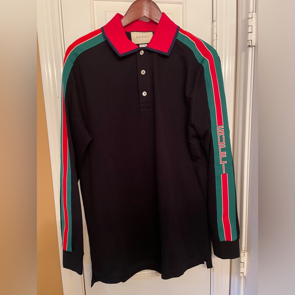 Gucci 2019 collection mens long sleeve black polo with striped sleeves size M